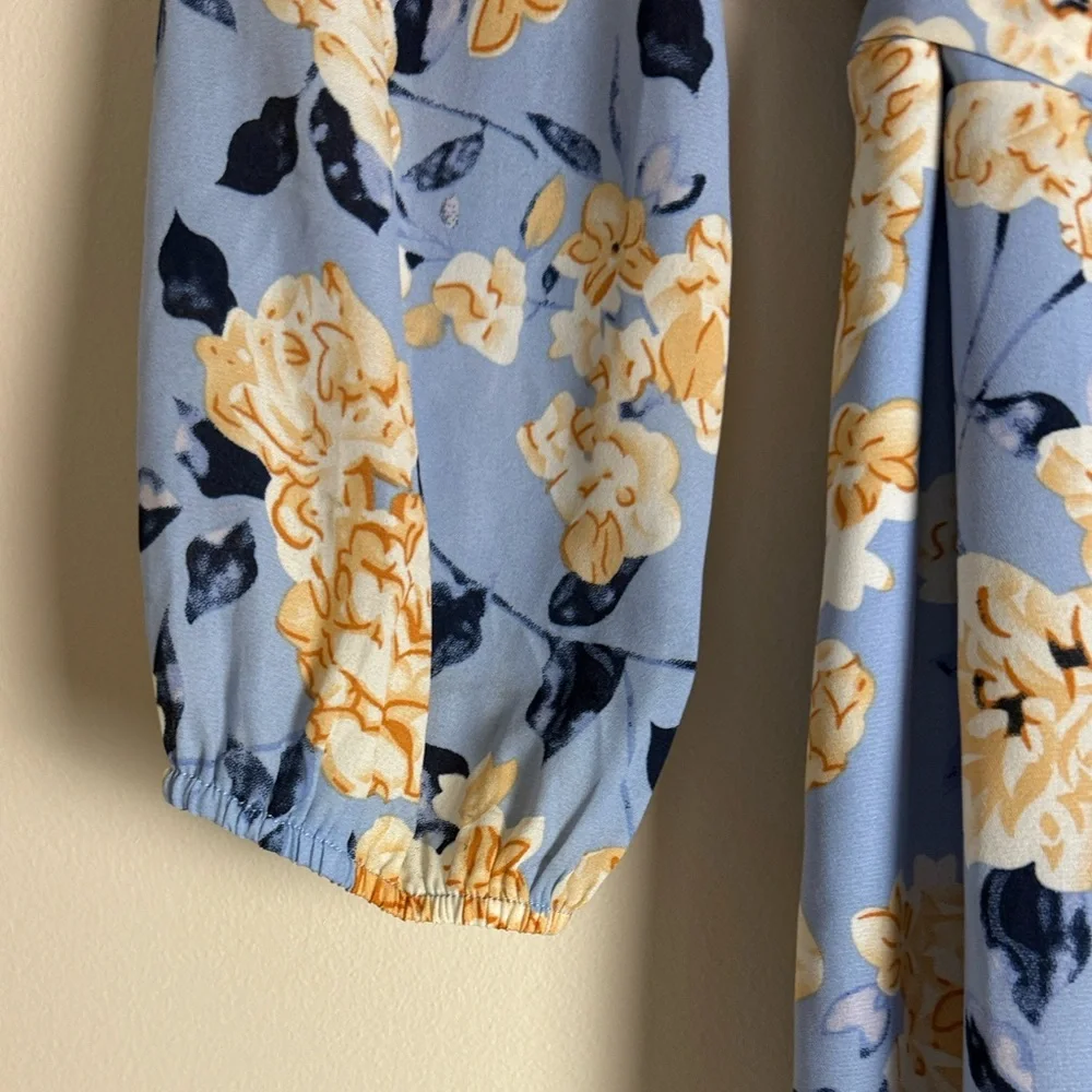 Mi Ami Women's Blue Yellow Floral Wrap Hi Low Midi Dress Size M - Picture 4 of 14